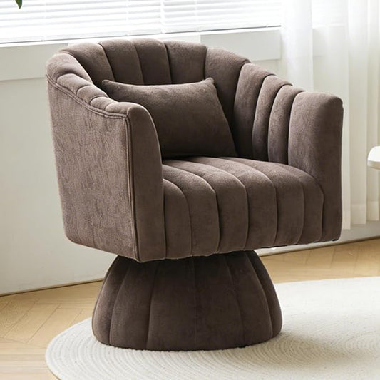 ClinQ Swivel Barrel Chair with Pillow, 360° Cloud Velvet Round Swivel Accent Chair, Upholstered Cuddle Reading Lounge Chair for the Living Room, Bedroom, Office, Brown-Vertical Stripes