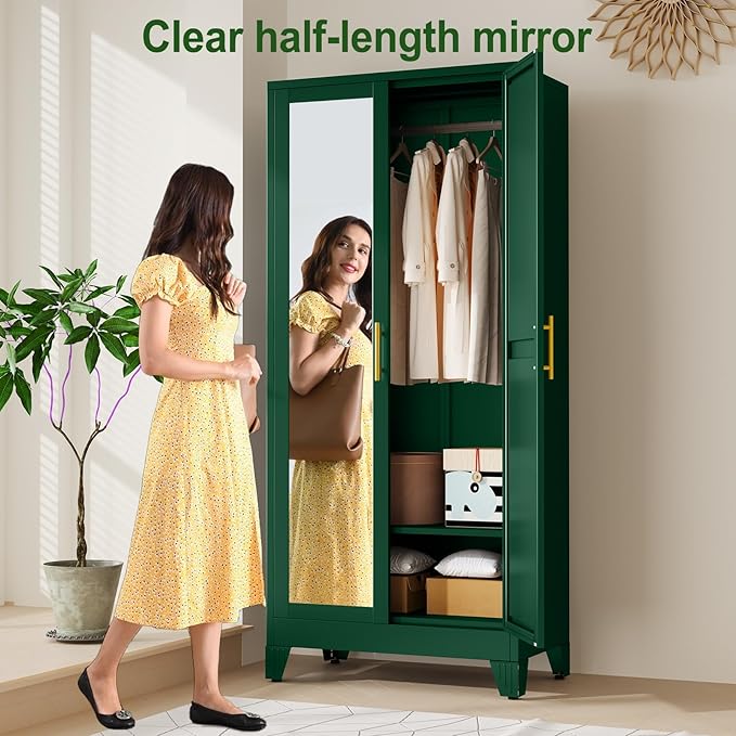 winiowa Metal Armoire Wardrobe Closet with 2 Mirror Doors, 71" Wardrobe Cabinet with Adjustable Shelves and Hanging Rod, Clothing Storage Cabinet Closet with Mirror for Bedroom-Green