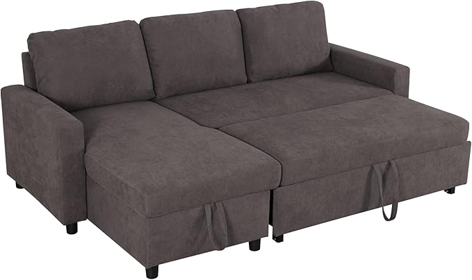 83" L-Shape Pull Out Sleeper Sofa Bed with Storage Chaise, 2 Pieces Sectional Couch Bed with Back Cushion for Living Room,Apartment,Office - Dark Brown
