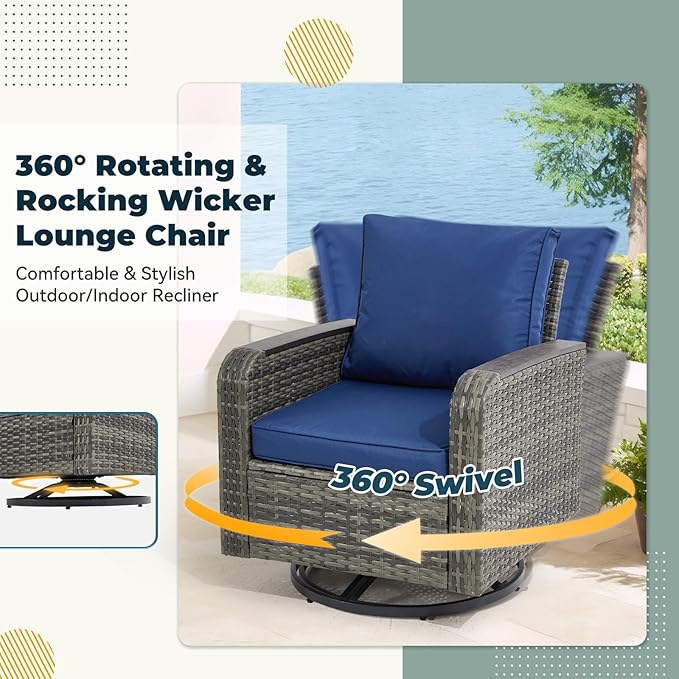 6 Pieces Wicker Patio Furniture Sets, Patio Conversation Set PE Rattan Sectional Sofa with Swivel Chairs Ideal for Indoor Porch Deck Bistro Lawn Garden Backyard Poolside-Blue