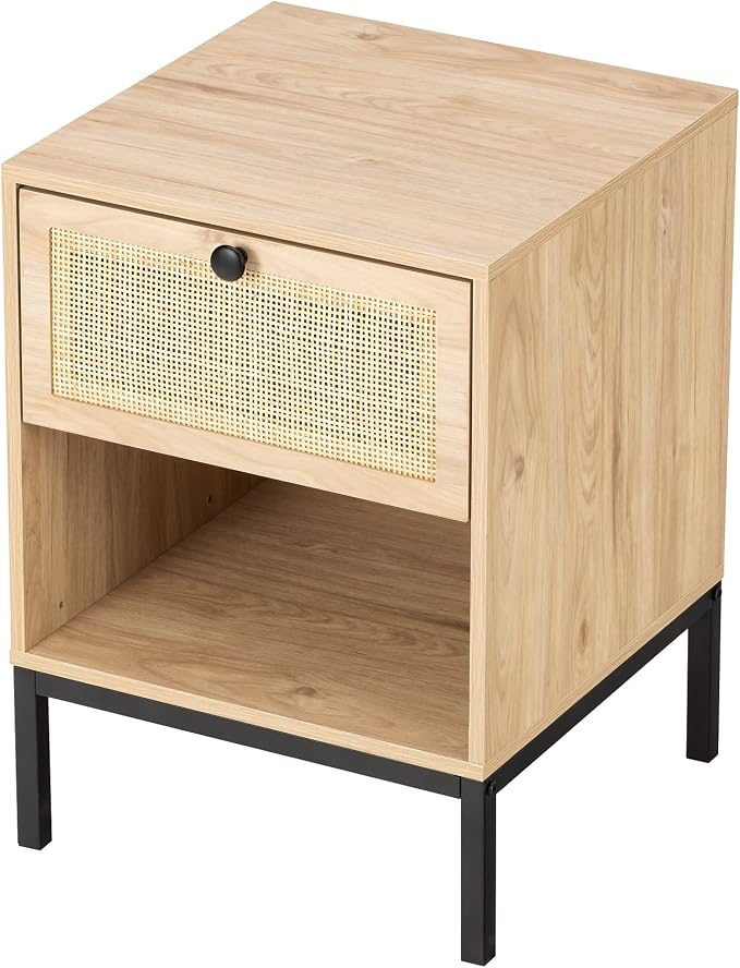 Yechen Set of 2 Rattan Nightstands with Drawer & Open Shelf, Boho Bedside Table with Natural Cane, Wood End Table with Metal Legs for Bedroom, Small Spaces, Natural Oak - Image 9