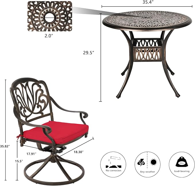 Grepatio 5 Piece Outdoor Dining Set Cast Aluminum Patio Dining Set Table and Chairs Outside Furniture 4 Swivel Chairs with Cushion and 1 Umbrella Round Dining Table for Lawn Garden Patio (Red) - Image 6