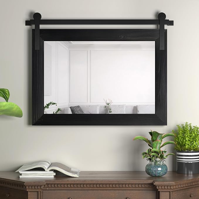 COGOOD Farmhouse Barn Door Mirror - 25" x 18" Rustic Wood Framed Decrative Mirror for Bathroom, Living Room, Entryway Wall Decor (Black) by COGOOD