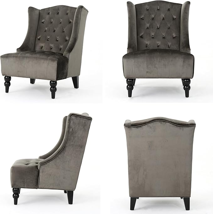 Modern Wingback Accent Chair, Tufted Velvet Couch Sofas with High Back Thick Padded Cushioned Seats for Living Room, Victorian Style, Grey