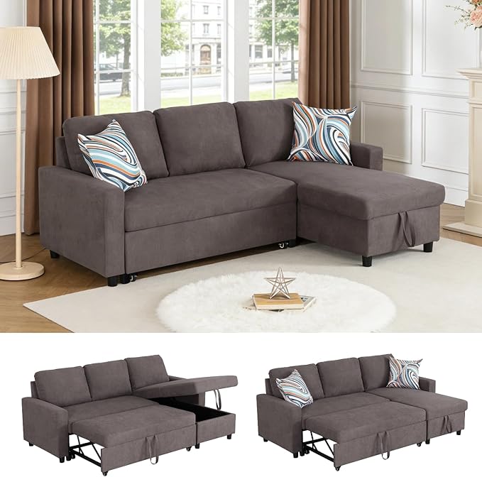 83 Inch Pull Out Couch, Convertible Sofa Bed for Living Room, Comfortable Sleeper Sofa with Pull Out Bed, Modern Sectional Couches with Storage Chaise, Easy Assembly for Apartment, Dark Brown