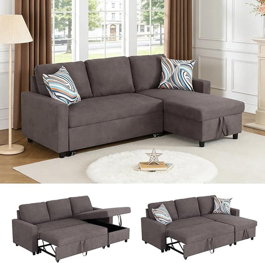 83 Inch Pull Out Couch, Convertible Sofa Bed for Living Room, Comfortable Sleeper Sofa with Pull Out Bed, Modern Sectional Couches with Storage Chaise, Easy Assembly for Apartment, Dark Brown