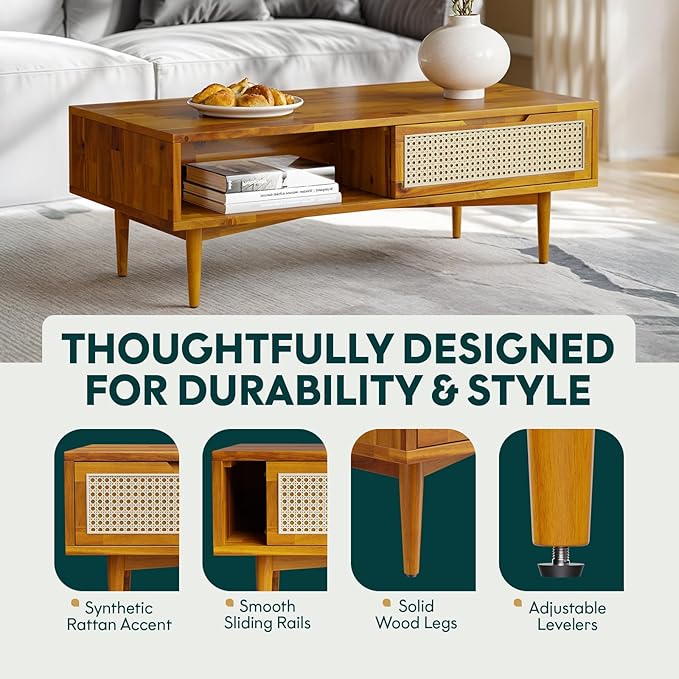 Bme Oliver Solid Wood Coffee Table with Rattan Accent – 2 Drawers and Open Shelf, Mid Century Storage Table with Adjustable Legs – Caramel