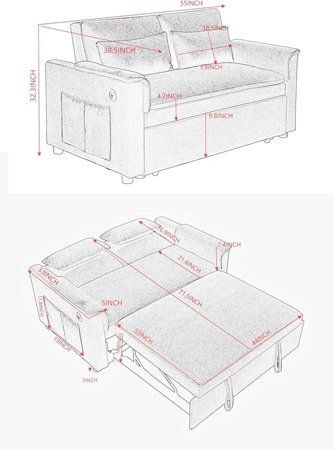55" Convertible Loveseat Pull Out Sofa Bed for Living Room 3 in 1 Multi-Functional Sleeper Sofa Chaise Lounge Daybed Sofacama w/Adjustable Backrest,USB Ports,Side Pockets