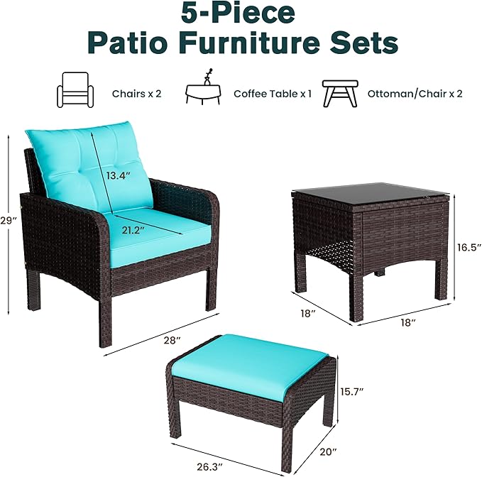 U-MAX Outdoor 5 Pieces Patio Furniture Set, PE Rattan Wicker Chairs with Ottoman and Table, Bistro Set for Front Porch, Garden, Backyard, Balcony, Brown/Blue