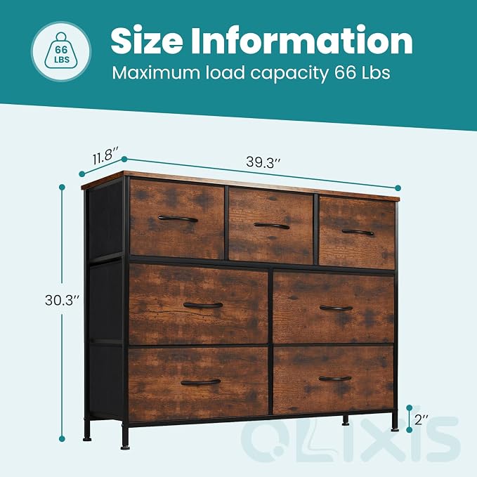 OLIXIS 7 Drawer Dresser for Bedroom, Wide Fabric Storage Tower with Wooden Top and Metal Frame, Closet Chest Organizer Furniture, TV Stand for Living Room Hallway, Rust Brown - Image 3