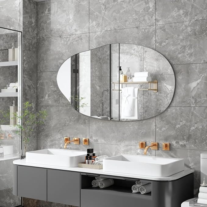 Bathroom Wall Mirror Wood Framed Modern Decorative Irregular Asymmetrical Mirrors for Bedroom Living Room Entryway Dressing Table Wall Decoration Room Decor 26" L x 18" W - Image 3
