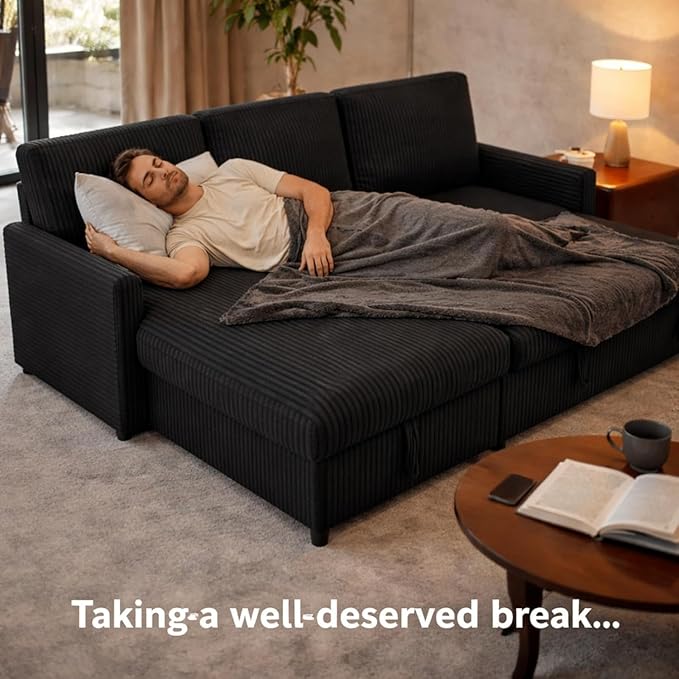 Shintenchi Futon Sofa Bed Convertible Couches L Shaped, 4‑in‑1 Sectional Sleeper Sofa Pull Out Couches for Living Room, Multifunctional Couch with Storage Chaise Corduroy Fabric, Black