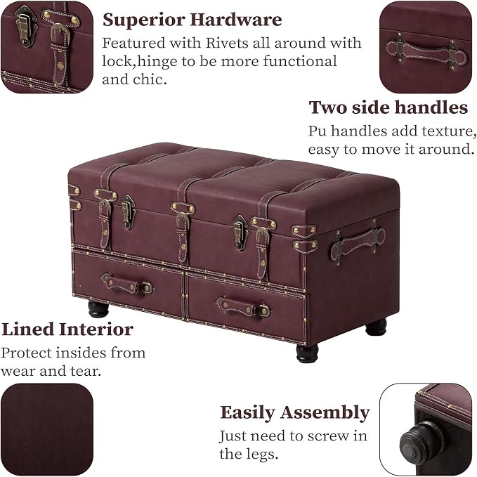 COZAYH Set of 2 Vintage Mid-Century Storage Ottoman Bench - Upholstered Padded Chest for Entryway, Bedroom, Living Room - Dark Magenta - Image 3