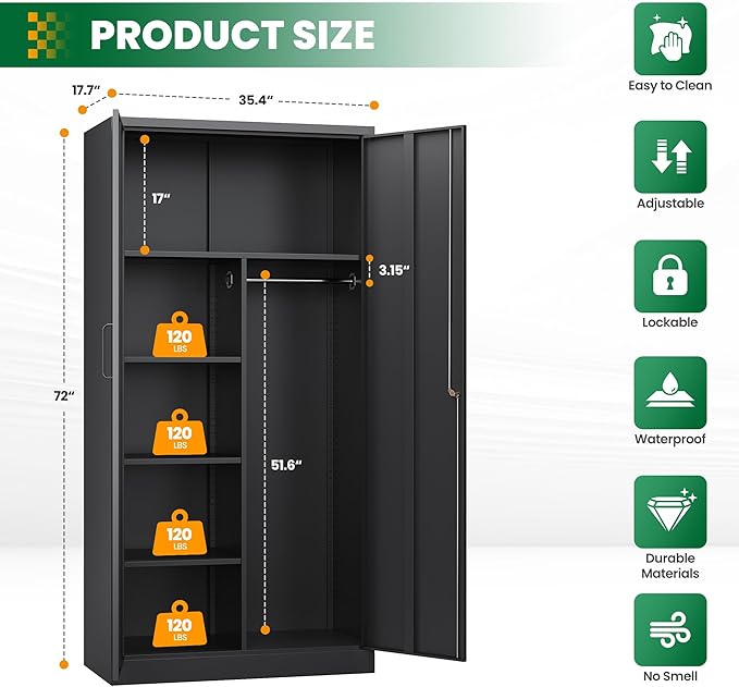 Metal Armoire Wardrobe Closet,72" Metal Storage Cabinet with Lock, 18" D x 36" W Broom Closet with Adjustable Shelves and Hanging Rods, Steel Wardrobe for Home,Bedroom,Office,Employee