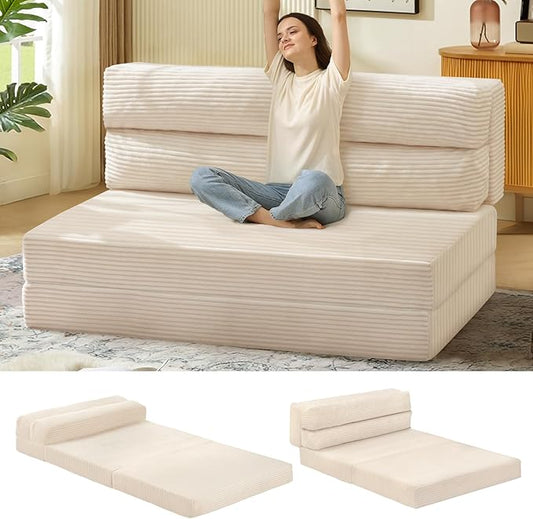 Folding Sofa Bed, Convertible Sleeper Chair with Pilow Foldable Matress, 2 in 1 Pull Out Loveseat Sofa Portable Fold Out Chair Bed Floor Couch Lounge for Living Room (Beige, Queen-61Inch)