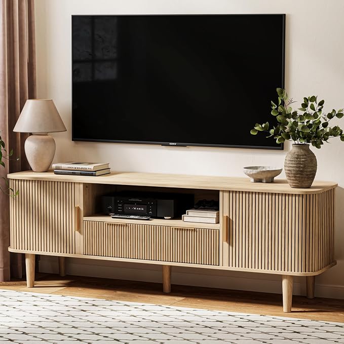 62.4 Inch Fluted TV Stand, Modern Media Console Table with Sliding Tambour Door Farmhouse Sideboard Buffet Cabinet Fits TVs up to 75 inch, Wood Entertainment Center for Living Room(Oak) by DamcropFurniture