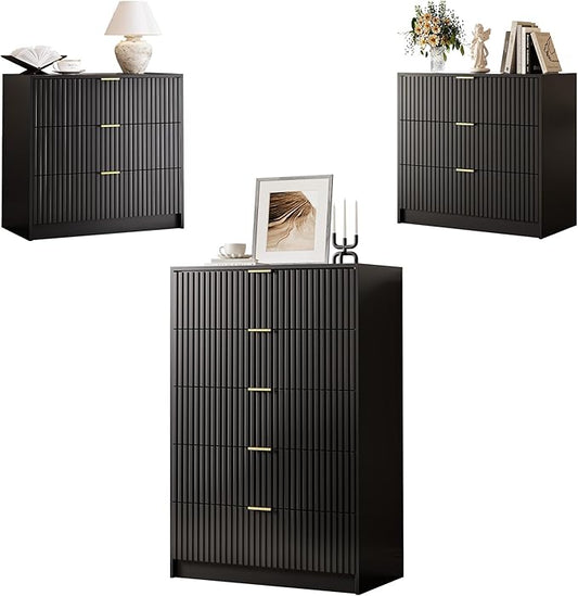 MAISONARIA 3-Piece Dresser Bedroom Set, 5 Drawer Dresser & 3 Drawer Nightstands with Gold Handles, Fluted Wood Chest of Drawers for Bedroom, Living Room, Entryway, Black
