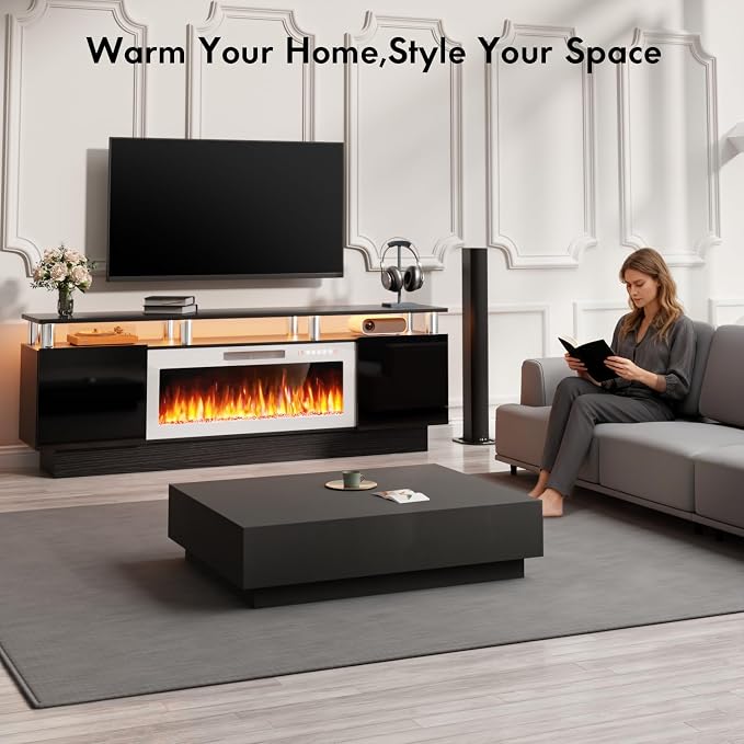 TAVATA 70" Fireplace TV Stand Up to 80" TVs, High Gloss Modern Entertainment Center with Storage, Wood Media Console Cabinet with 36" Fireplace & Open Shelf for Living Room, Black+White - Image 7