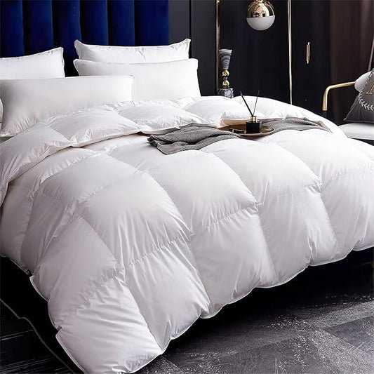 Cobnom® Luxury Organic Down Feather Comforter Oversized King, High Fill-Power Down Feather Fibers Duvet Insert with 100% Cotton Cover, Medium Warm for All-Season, Ivory White, 120x98 Inch