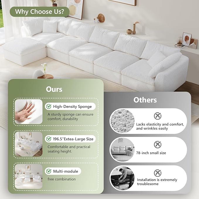 Modular Sectional Sofa Boneless Cloud Couch for Living Room, L Shape Deep Seat Recliner Sofa with Ottoman, Adjustable Backrest & 2 Throw Pillows - Covers Washable, (White, 5 Seater+1 Ottoman)