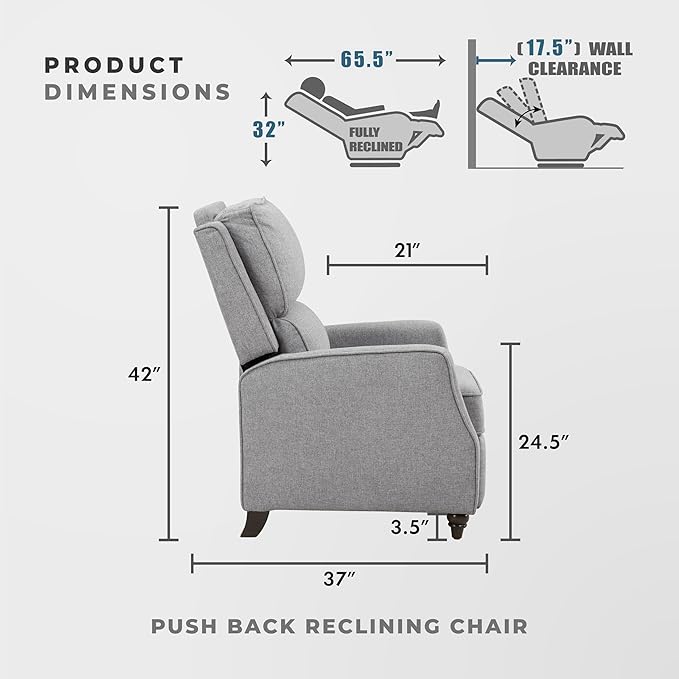 Lexicon Push Back Recliner Chair Living Room, Reclining Sofa Chair, Modern Recliner, Fabric Recliner Arm Seat for Living Room/Office/Apartment, Gray