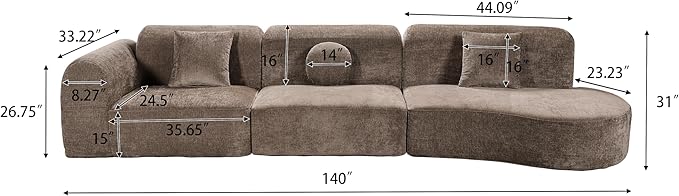 Christopher Knight Home Grelyn 140" Modular Sectional Sofa Couch, Wool Fabric Boneless Cloud Couch, Fully Compressed Home Sofa Living Room, 3-Piece Lounge Sofa with Chaise, Fully Assembled, Brown