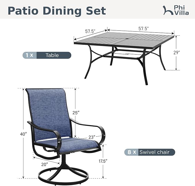 PHI VILLA 9 Piece Outdoor Patio Dining Set, Large Square Metal Dining Table and 8 Outdoor Swivel Dining Chairs, Patio Table and Blue Chair Furniture Dining Set for 8 Person - Image 8