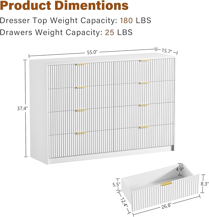 Furniway White Dresser Bedroom Set 3 Pieces, Nightstands Sets of 2, 8 Drawer Dresser with Gold Handles for Bedroom