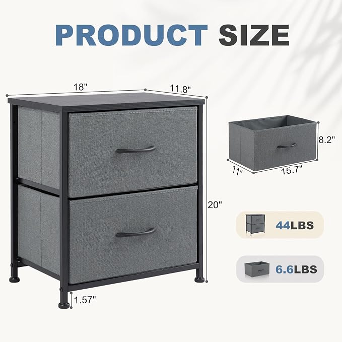 DUMOS Nightstand Small Dresser with 2 Fabric Drawers Side Bedroom End Table Kids Bedside Storage Furniture for 20 inch Tall Night Stand for Closet, Entryway, College Dorm, Ash - Image 3