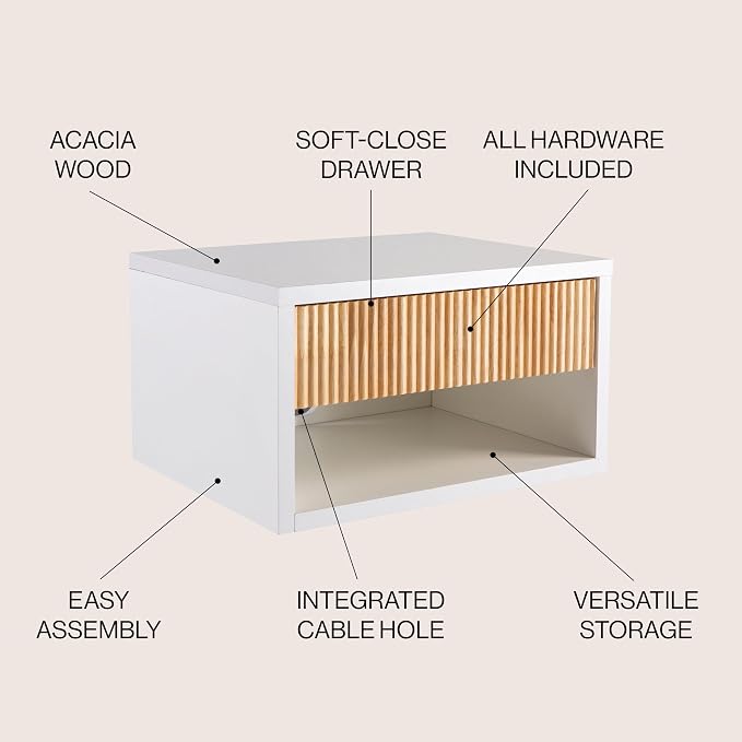 JONATHAN Y NST2001B Elise 15.71" Classic Contemporary Floating Wall Mounted Nightstand with Soft-Close Tambour Drawer and Cable Hole, White/Light Oak - Image 4