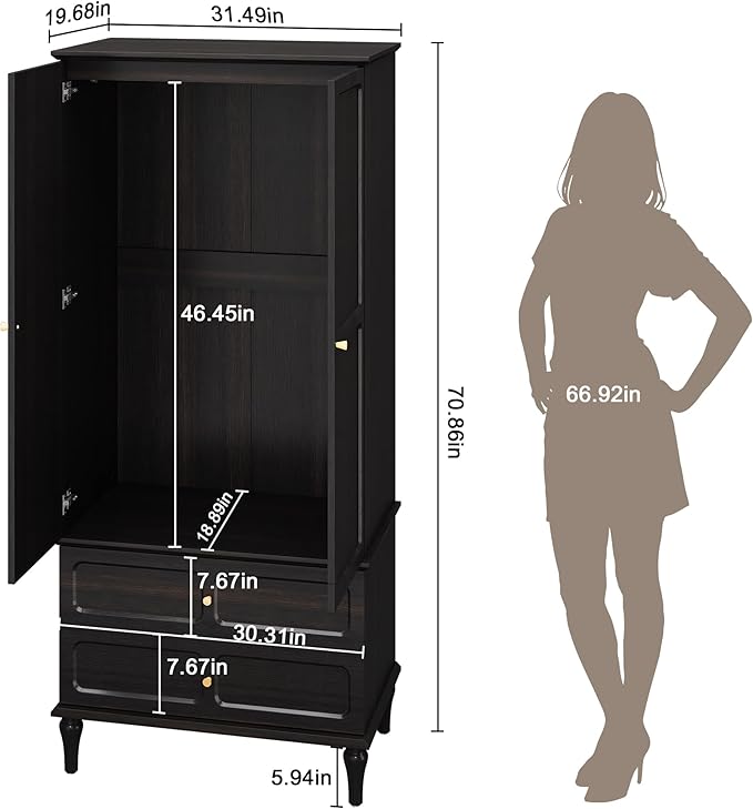 HLR 71" Mid-Century Modern Armoire Wardrobe Closet with Doors and Drawers,Wooden Armoire Storage Cabinet with Hanging Rod for Bedroom,Large Capacity Storage,Black