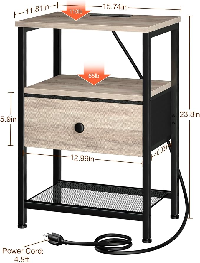 LOAKEKEL Night Stand with Charging Station, Small Bedside Table with Fabric Drawer, Nightstand with USB Ports & Outlets for Bedroom, Grey, HETS010GY-1 - Image 3