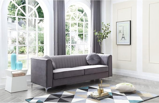 Glory Furniture Delray Velvet Upholstered Sofa in Gray/Chrome Legs