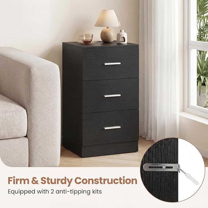 KOMFOTT 3-Drawer Nightstand, Modern Bedside Table with Power Outlet, Compact Bedside Storage End Table for Bedroom, Small Spaces (Black,1) - Image 7
