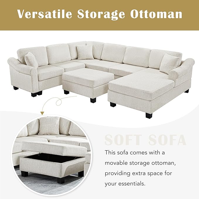 ERYE 112" U-Shaped Sectional Sofa with Movable Storage Ottoman, Oversized Chenille Upholstered Corner Modular Sofa Couch W/Right Facing Chaise Lounge and 3 Toss Pillows