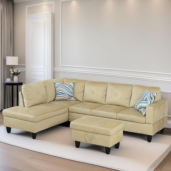 FONTOI L Shaped Sectional Couch Sofa, Modern Couches for Living Room, Comfy 4 Seat Modular Sectional Sofa with Ottoman Storage for Bedroom Apartment, Beige