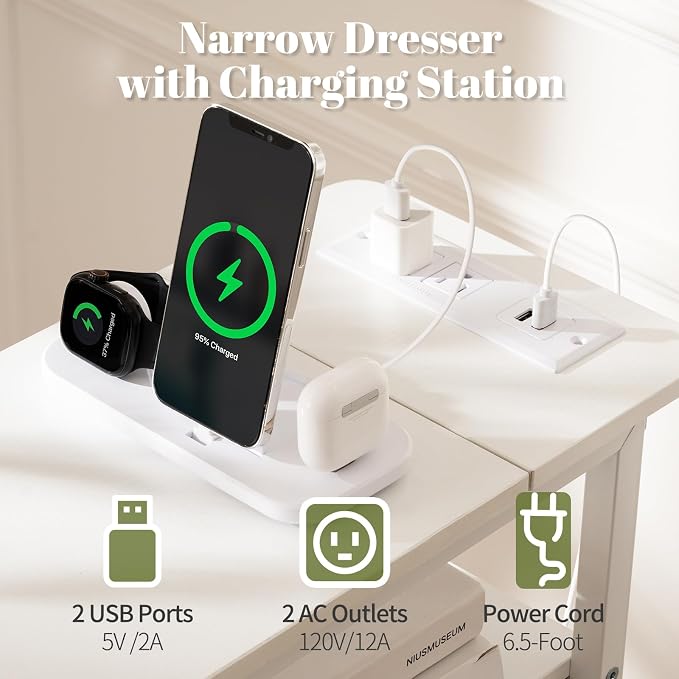 Yoobure LED Narrow Nightstand with Charging Station - Slim Dresser for Bedroom Narrow Side Table Storage Cabinet, Small Dressers Chest of Drawers, Tall Night Stand End Table for Small Spaces, White - Image 4