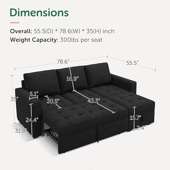 HONBAY Modular Sectional Sleeper Sofa with Pull Out Bed, L Shaped Couch with Storage Seat Sectional Couches for Living Room,Velvet Black