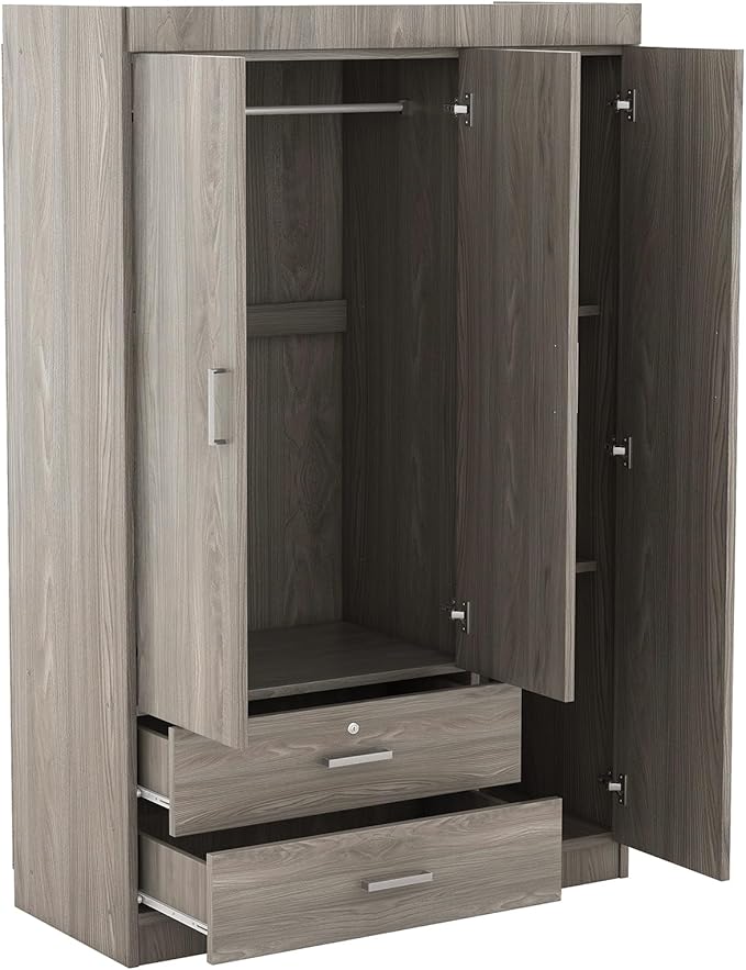 Merax 3 Doors Wardrobe Clothes Organizer with 2 Drawers, 41.3" Small Closet Organizer with Hanging Rail, Wood Storage Closet with 3 Shelves, Gray