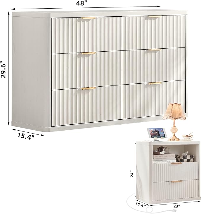 LEYAOYAO Fluted Dresser and 2 Drawers Nightstand Set of 2, Wood 48" Wide Dresser & 23" Night Stand with Charging Station, 3 Piece Bedroom Furniture Set, Chest of Drawers for Living Room,Antique White