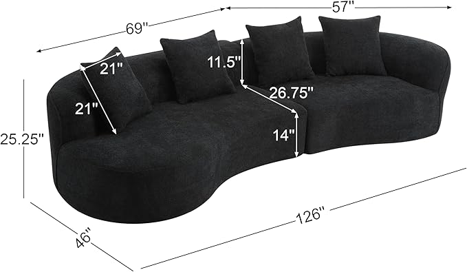Christopher Knight Home Braebt 126" Sectional Sofa with 4 Throw Pillows, 5-Seater Large Modular Sofa Couches, Comfy Curved Upholstered Cloud Couch for Living Room, Study, No Assembly Required, Black