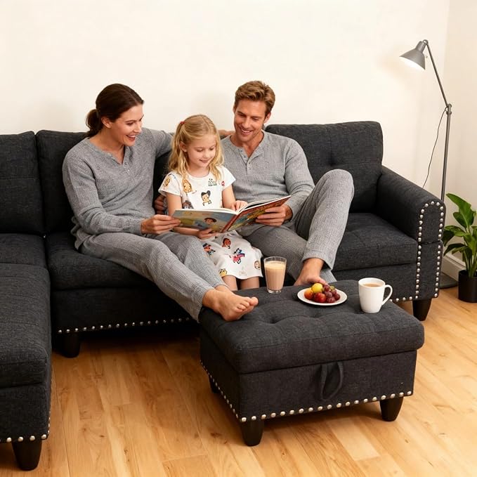 L-Shape Sofa with Storage Ottoman & Reversible Coffee Table, Linen Sectional Couch with Left Chaise, 3-Piece Sofa Set for Living Room, Upholstered Couch Set with Solid Wood Frame, Black Grey