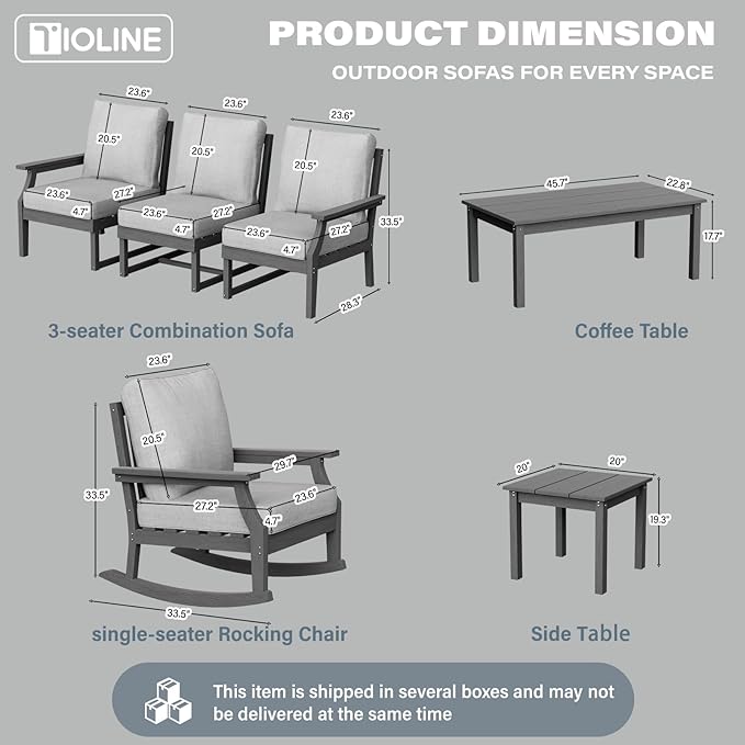 HDPE Patio Conversation Set, 7-Piece All Weather Outdoor Furniture Set with 2 Single Rocking Armchairs for Deck, Lawn, with Cushion, Gray