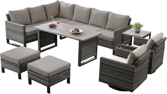 Belord Patio Sectional Furniture Set with Coffee Table: 8 Pieces Wicker Patio Conversation Set with L Shaped Sofa, Outdoor Swivel Glider Rocker, Rattan Ottomans, Removable
