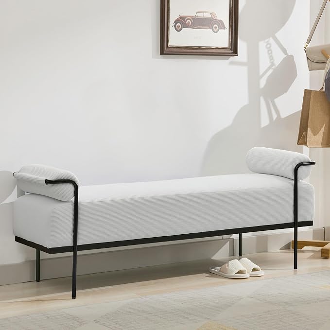 SOFTHION Entryway Bench End of Bed Bench 61.2",Modern Upholstered Bench Ottoman,Corduroy Paded Footrest Stool with Metal Legs for Living Room, Foyer Mudroom Hallway,White by SofthionDesign