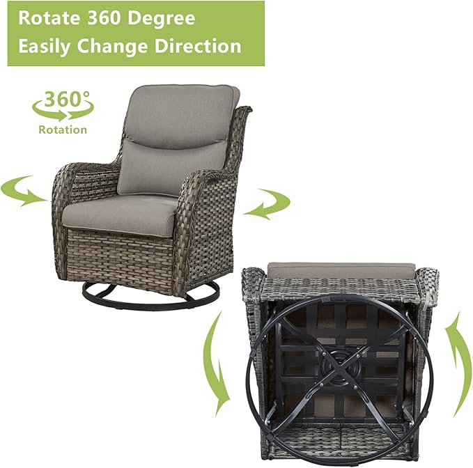 Rilyson Wicker Rocking Chair Swivel Chairs - 3 Piece Rocker Patio Furniture Set Rattan Rocking Bistro Sets with Glass Top Side Table for Outdoor Porch Deck Garden Backyard (Mixed Grey/Grey/Smile)
