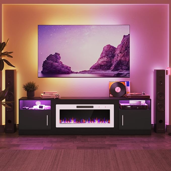 PRETZI Fireplace TV Stand with 36" Fireplace Up to 90" TVs, 80" Entertainment Center with LED Lights, Remote Control, TV Media Console with Storage Cabinets for Living Room, Black+White - Image 6