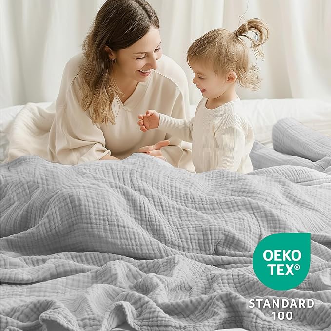 100% Cotton Muslin Blanket Queen 90" x 90", Breathable and Lightweight Cotton Throw Blanket for Bed, Soft Cooling Summer Gauze Blanket for Adults All Season, Light Grey