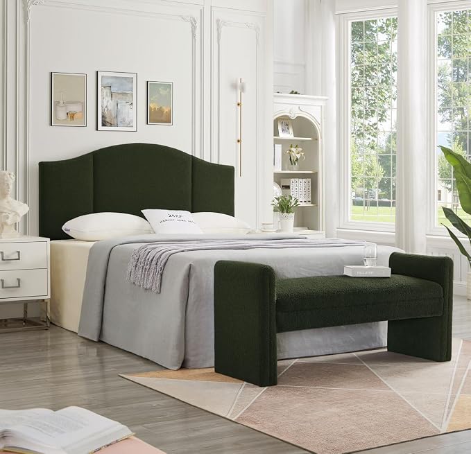24KF Modern Upholstered Bed Bench Covered with Soft Boucle Teddy Fabric, Lovely Entryway Bench Ottoman with Armrest,5062-Dark Green - Image 8