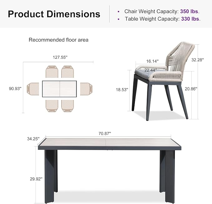 PURPLE LEAF 7 Pieces Patio Dining Set Aluminum Rectangular Table and Wicker Chairs with Cushions for Kitchen Porch Garden Modern Outdoor Furniture Sets, Beige and Dark Grey - Image 9